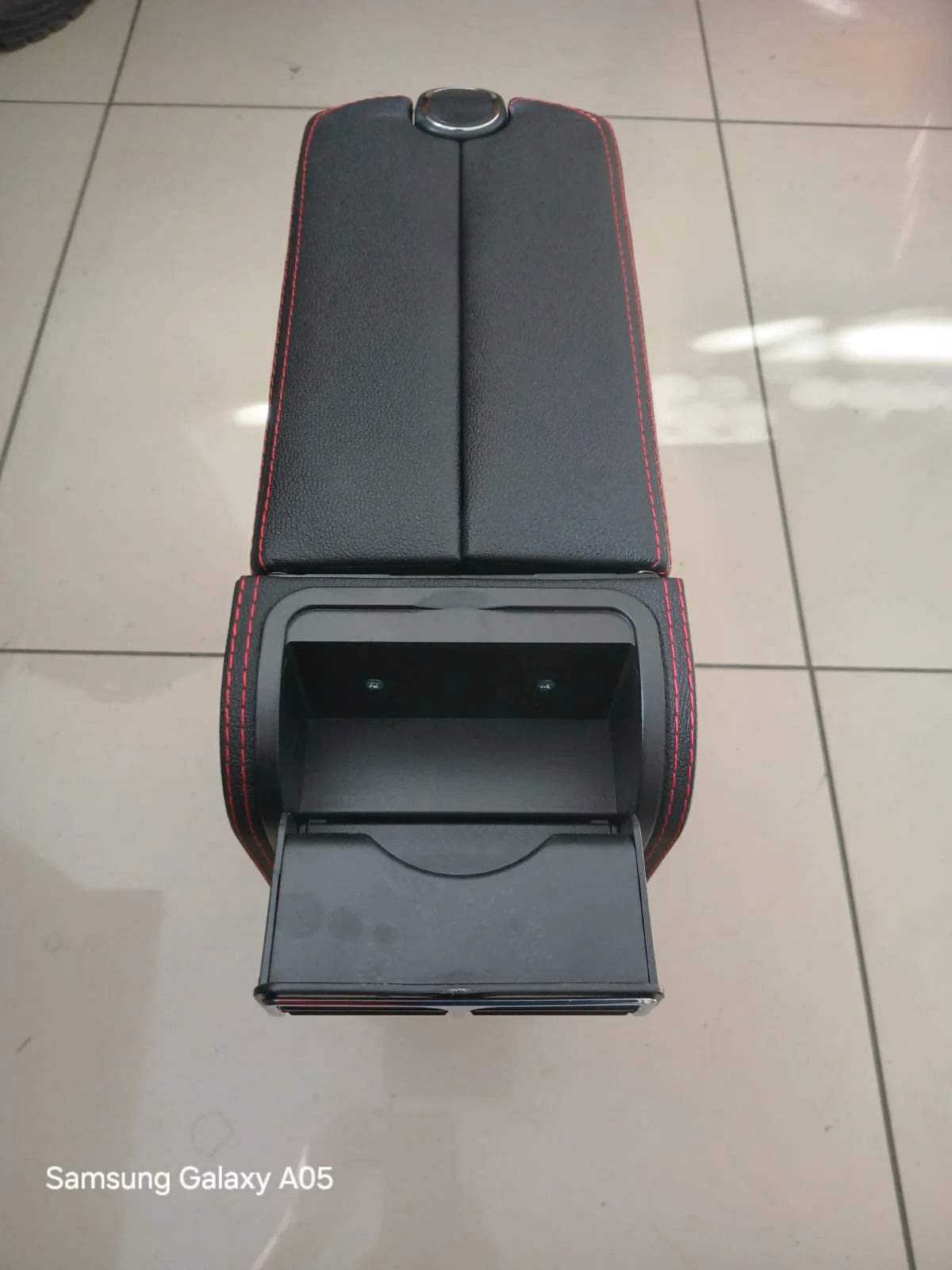Suzuki Jimny Generation 4 2019+ Centre Console Armrest with 3 USB Adapters Black leather with red stitching