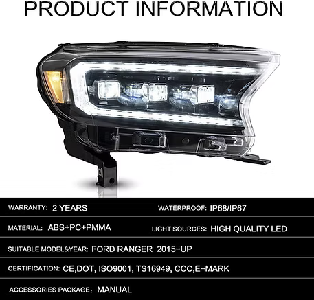 VLAND Ford Ranger Triple LED Projectors Headlights 2015-on