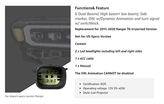 VLAND Ford Ranger Triple LED Projectors Headlights 2015-on