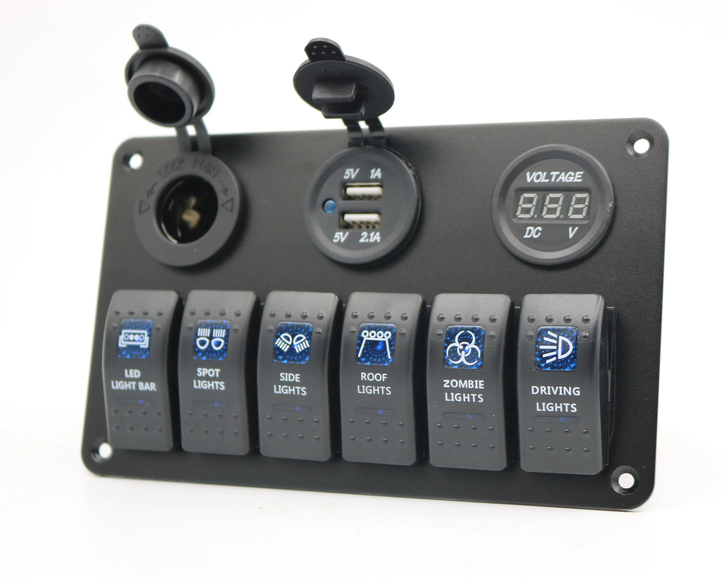 6 gang switch panel, with 12V power socket, voltmeter and 3.1A dual USB charger, blue LED- Customisable