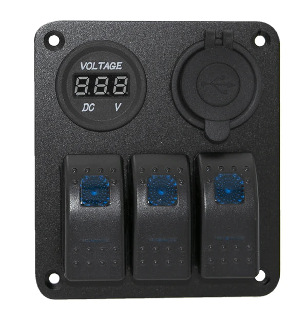 3 Power R Switch Panel 3 Gang switch panel, with Blue Voltmeter and 3.1A dual USB charger, bl ...