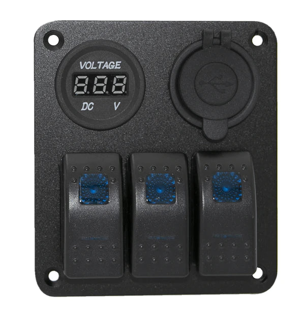 3 Gang switch panel, with Blue Voltmeter and 3.1A dual USB charger, blue LED